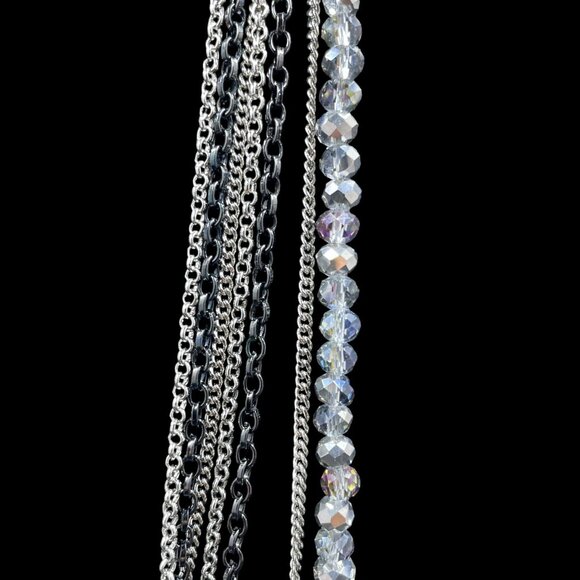 Multilayer Crystal Beaded Silver Black Chain Necklace Statement Coquette Glam - Picture 4 of 8
